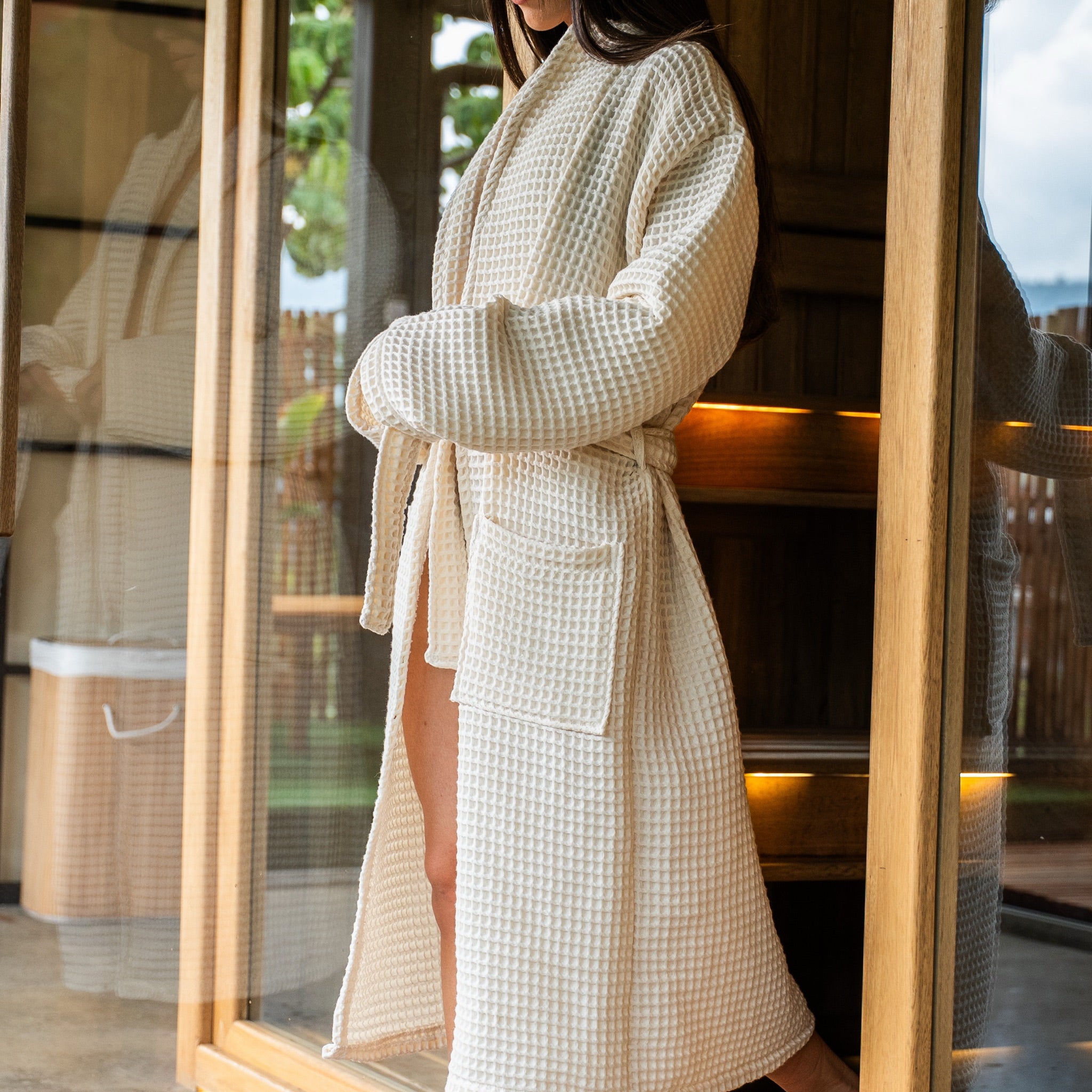 The Sauna Robe in Arctic Ivory, full length waffle cotton with patch pockets
