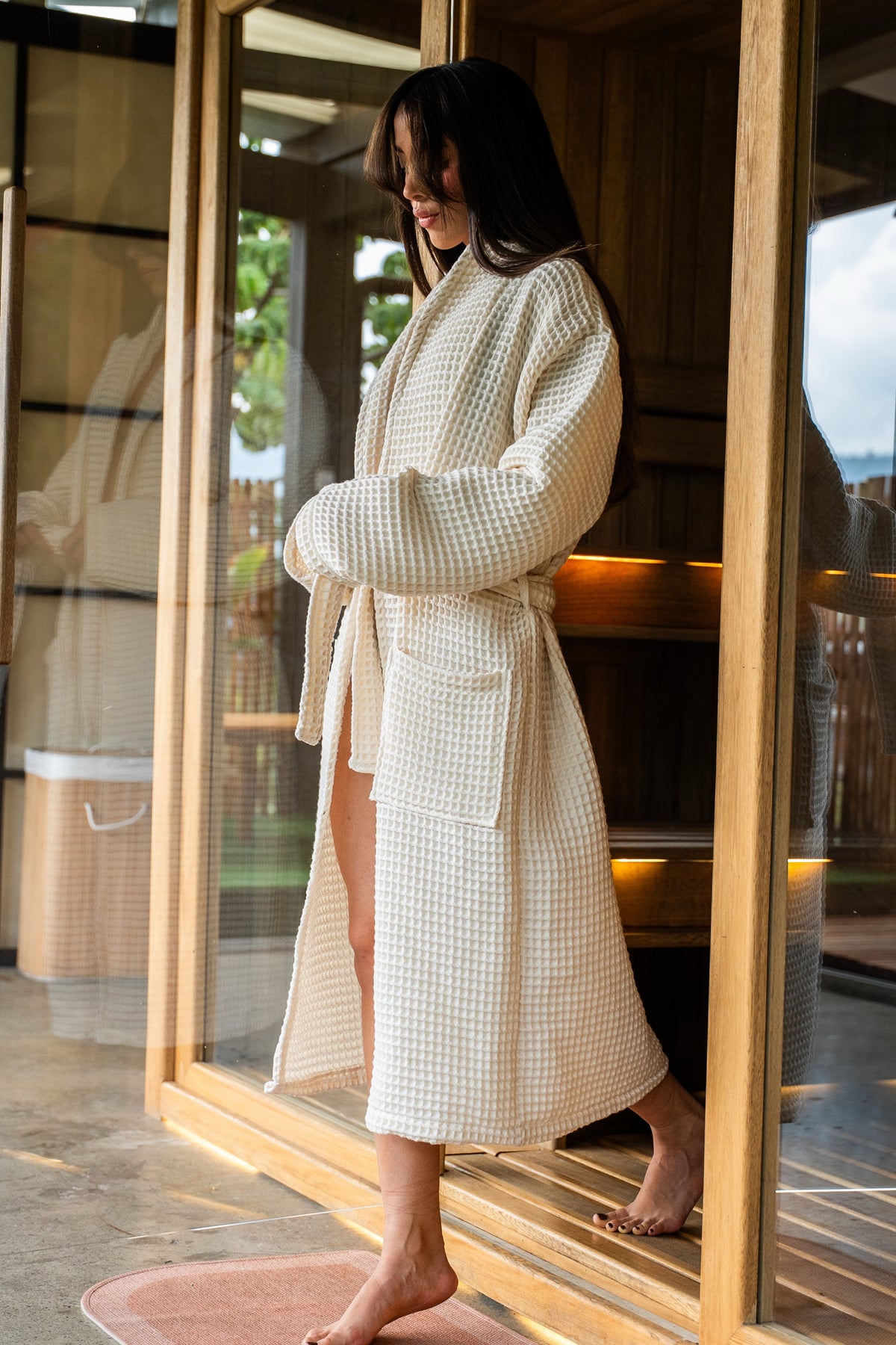 The Sauna Robe in Arctic Ivory, full length waffle cotton with patch pockets